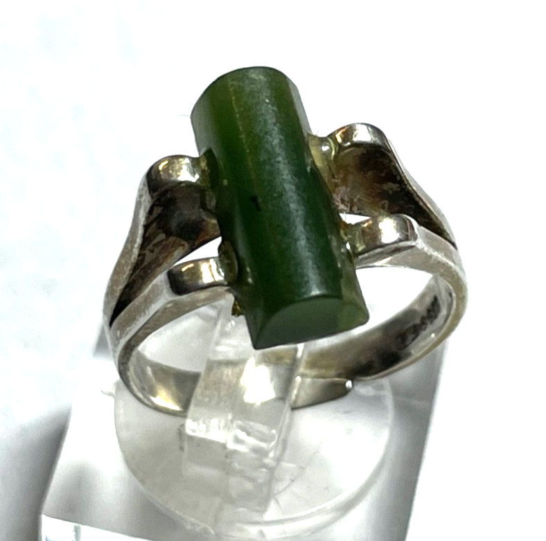 70erJ Design vintage 835 Silber Ring + grüne Jade offene Ringschiene Modernist3
