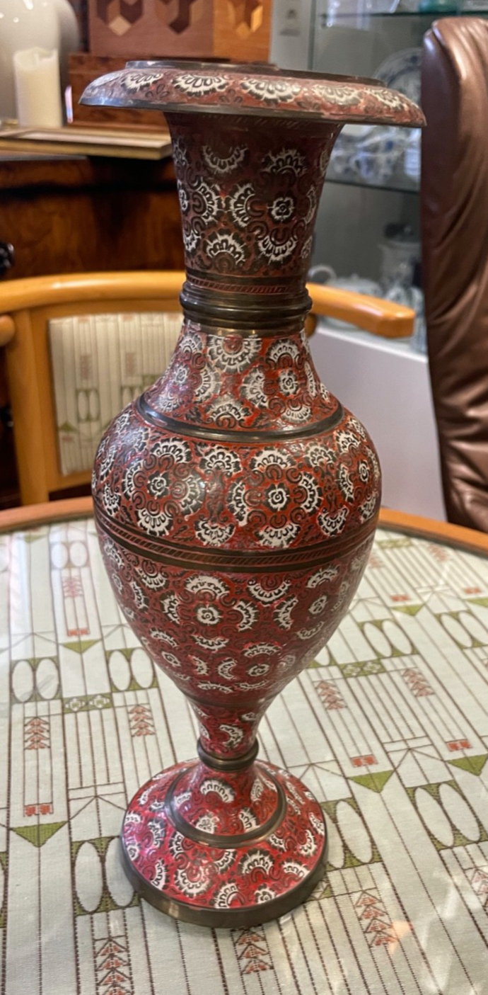 Alte Handarbeit persische Vase Messing handbemalt H 31 cm Dachbodenfund1