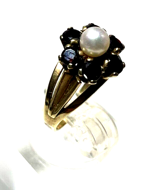 Vintage 333 Gold 8 K Ring 6 Granat + 1 Perle Ø 16 mm RG 50 Klassiker gepflegt8