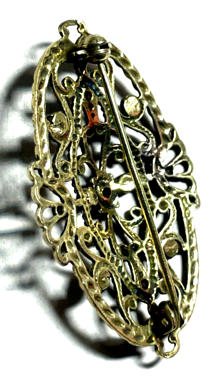 Antik sehr elegante Durchbruch Dekor Brosche Silber Granat +  Markasit 20erJ8