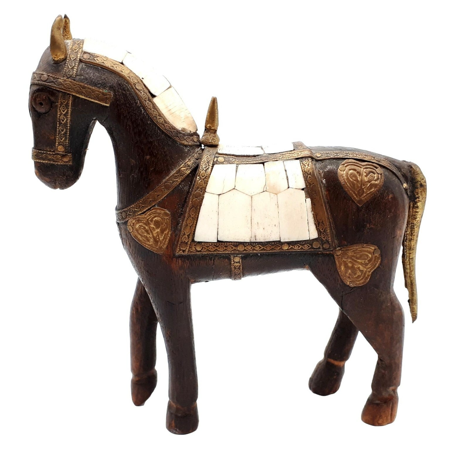 Pferdestatue - Skulptur schnitzerei Holz Bein - Indien um 1850 Messingbeschlag 0