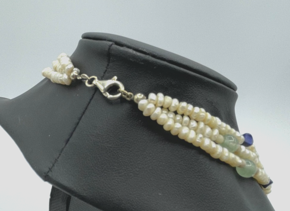 Sommer Kette Biwa Perlen Aquamarin Lapislazuli 925 Silber vergoldet  45,5 cm2