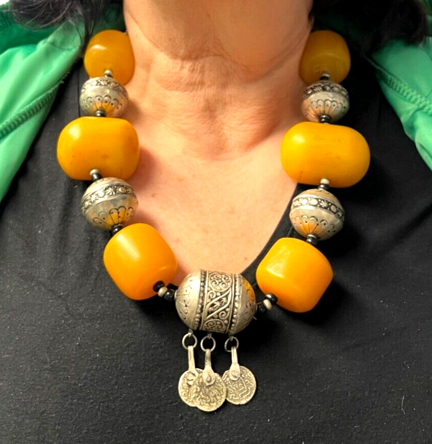 Attraktive Mega vintage Ethno Style Halskette Amber Look handgefertigt Unikat 6414