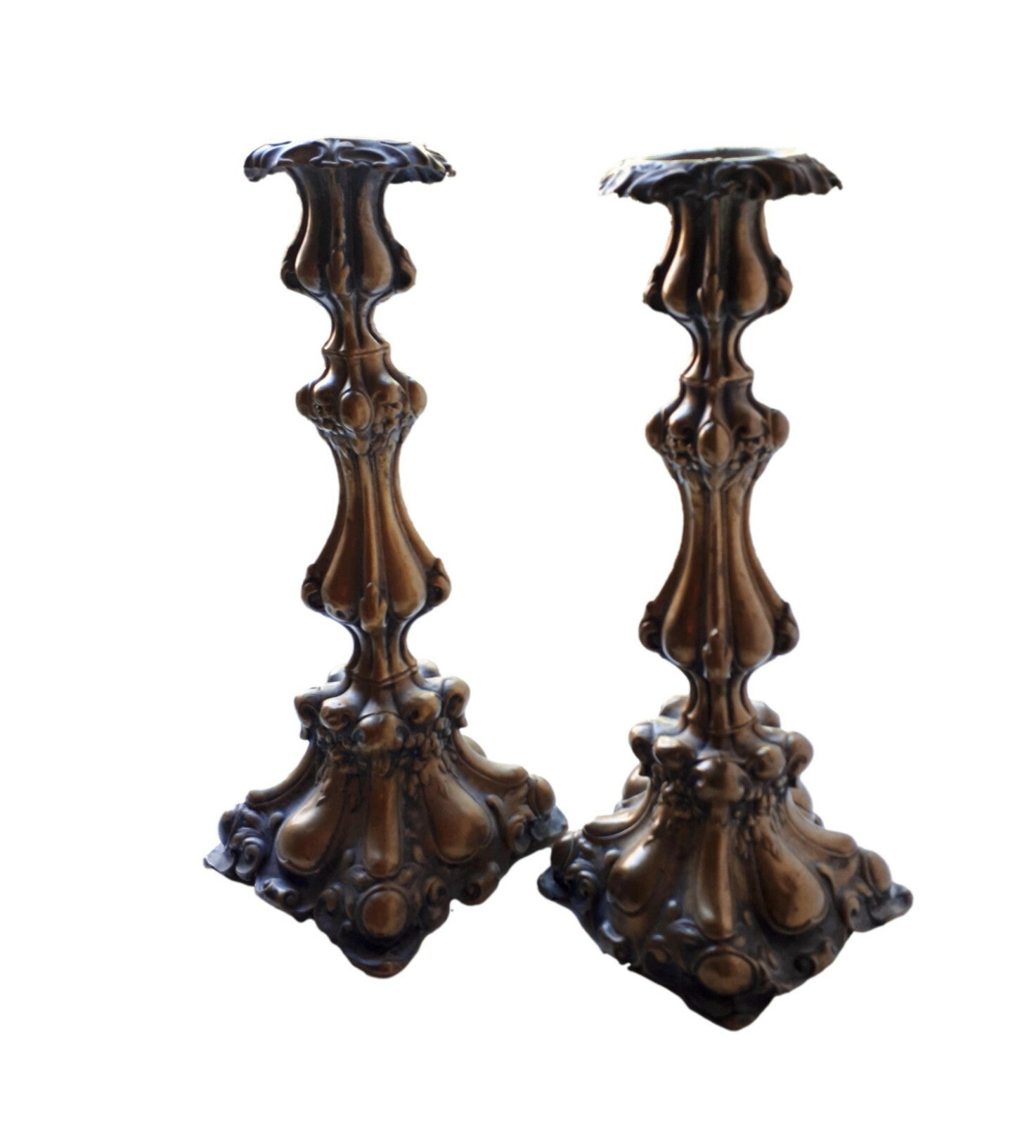 antikes Barockleuchter Paar - Kerzenhalter Kerzenständer - Messing Bronze Blech 0