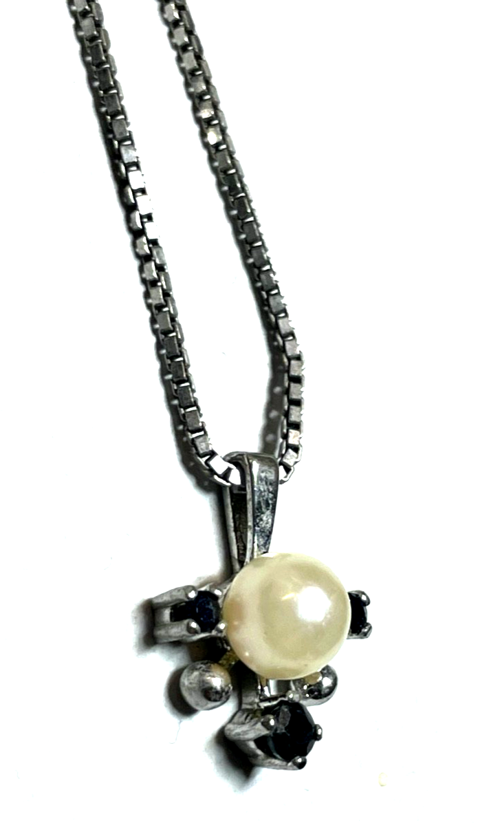 925 Silber Venezianer Kette 42 cm mit elegantem Anhänger 1 Akoya Perle 3x Saphir0