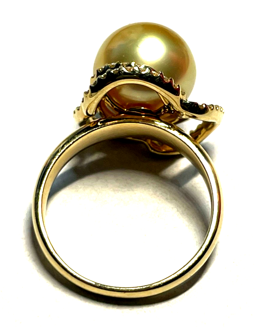 Elegant 585 Gold 14 K Ring Tahiti Perle Ø 12mm 40 Pavé Diamanten Ø 17,5mm RG 557