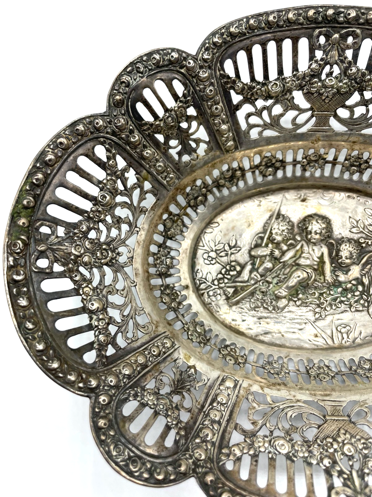 Antik 800 Silber Körbchen Anbietschale Durchbruch Putten Rosen Dekor L 21,2 cm4