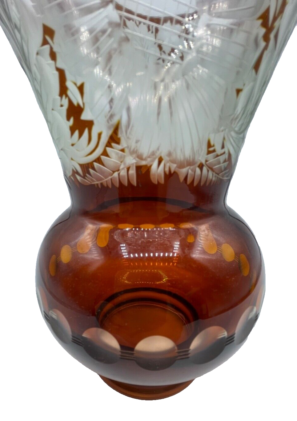 Vintage Böhmen Kristall Glas Vase florales Ätzdekor Cognac farbig Überfang H21cm3
