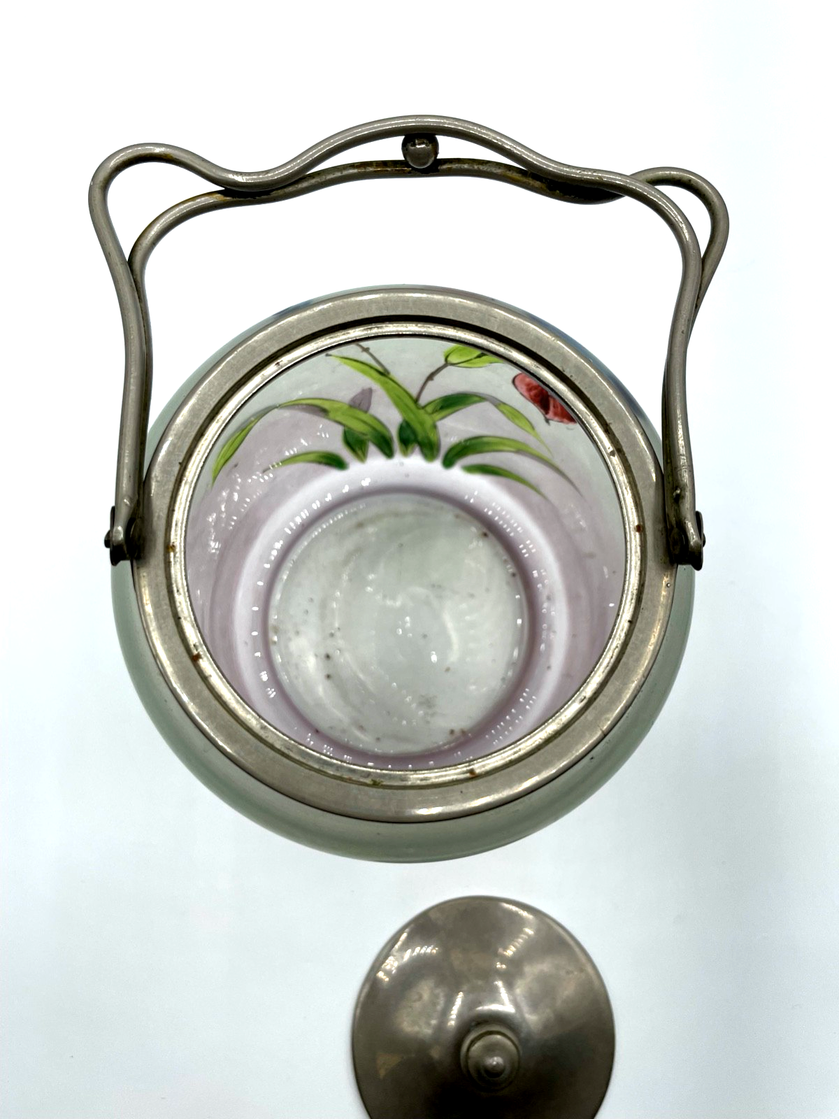 Jugendstil antik Glas Dose Deckeldose Henkel Bonboniere handbemalt Blumen Dekor6
