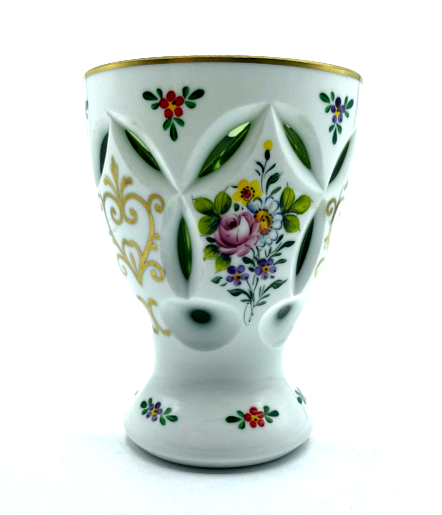 Vintage Pokal Überfang Glas Becher handbemalt Ranftbecher Blumen Gold Dekor0
