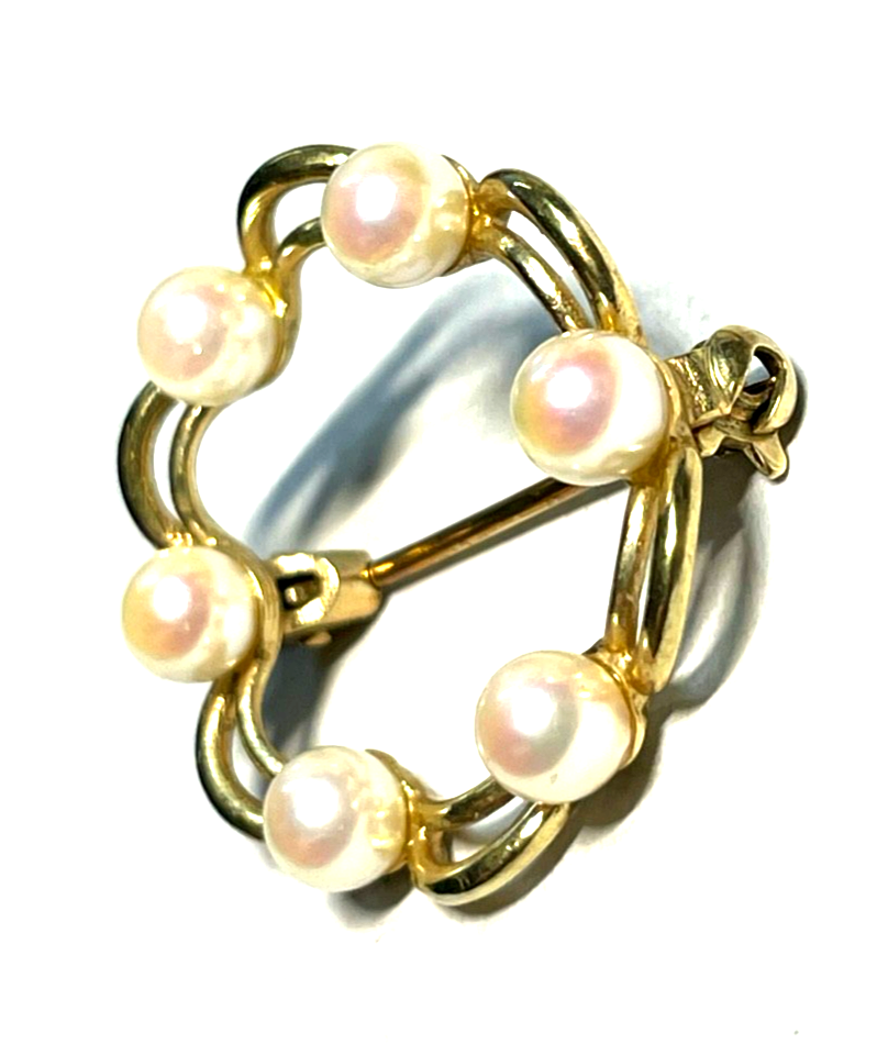 333 Gold 8 K Gelbgold runde klassische Brosche Anstecknadel mit 6 x Akoya Perle0