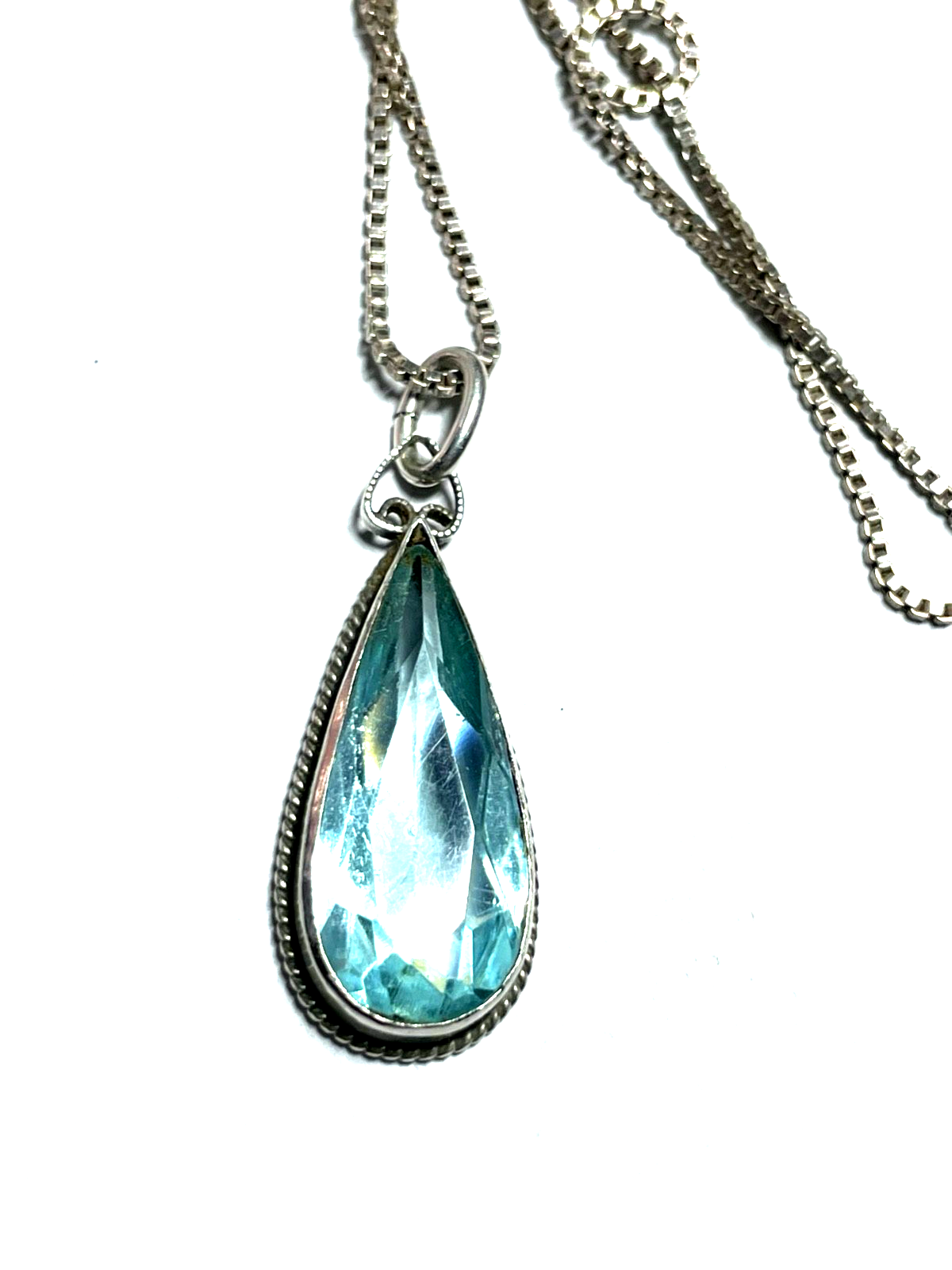 Antik Silber aquamarin farbiger Spinell Tropfen elegant + 42 cm Venezianerkette6
