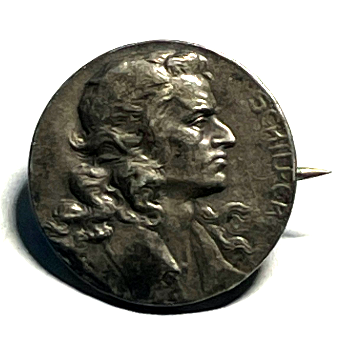Antik kl. Friedrich von Schiller Brosche nach Karl Bauer 800 Silber um 19003