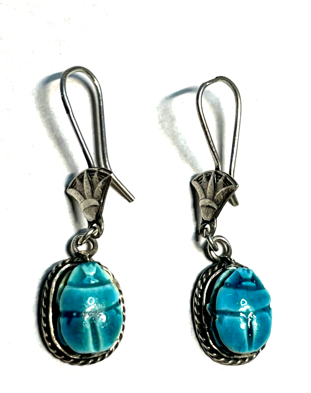 Vintage handgefertigte 925 Silber Ohrhänger Skarabäus mit Kartusche + Lotusblüte1