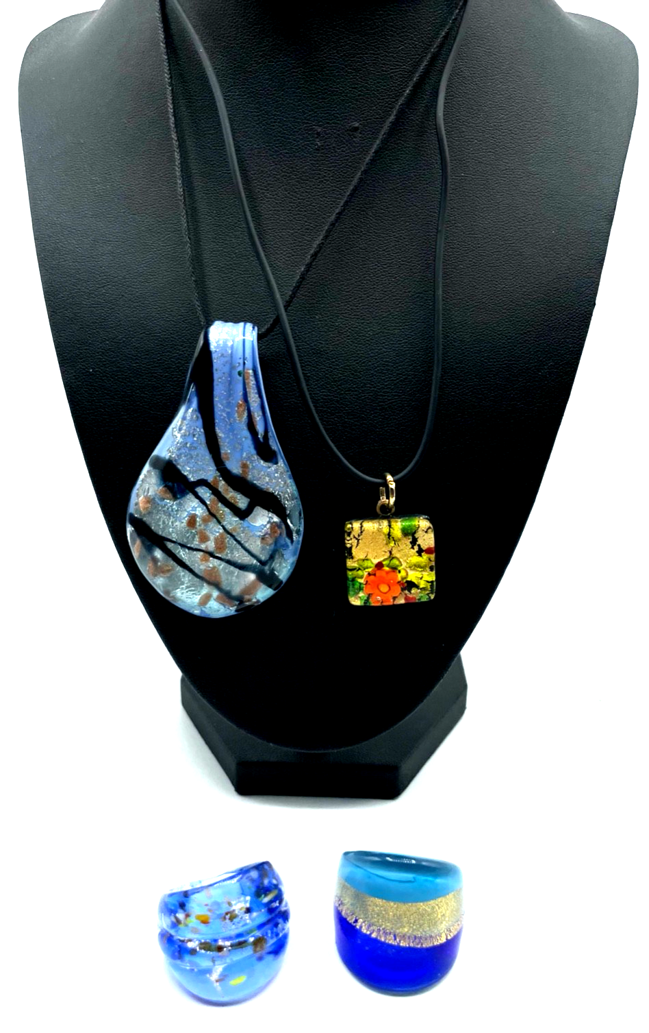 Vintage Handarbeit Murano Glas Schmuck 2 Ringe 2 Anhänger sehr gepflegt0
