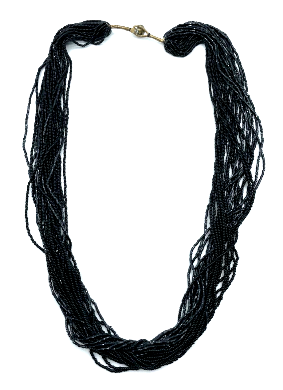 Attraktive 23 reihige schwarze Glas Perlen Kette 76 cm Ethno Stil Handarbeit3