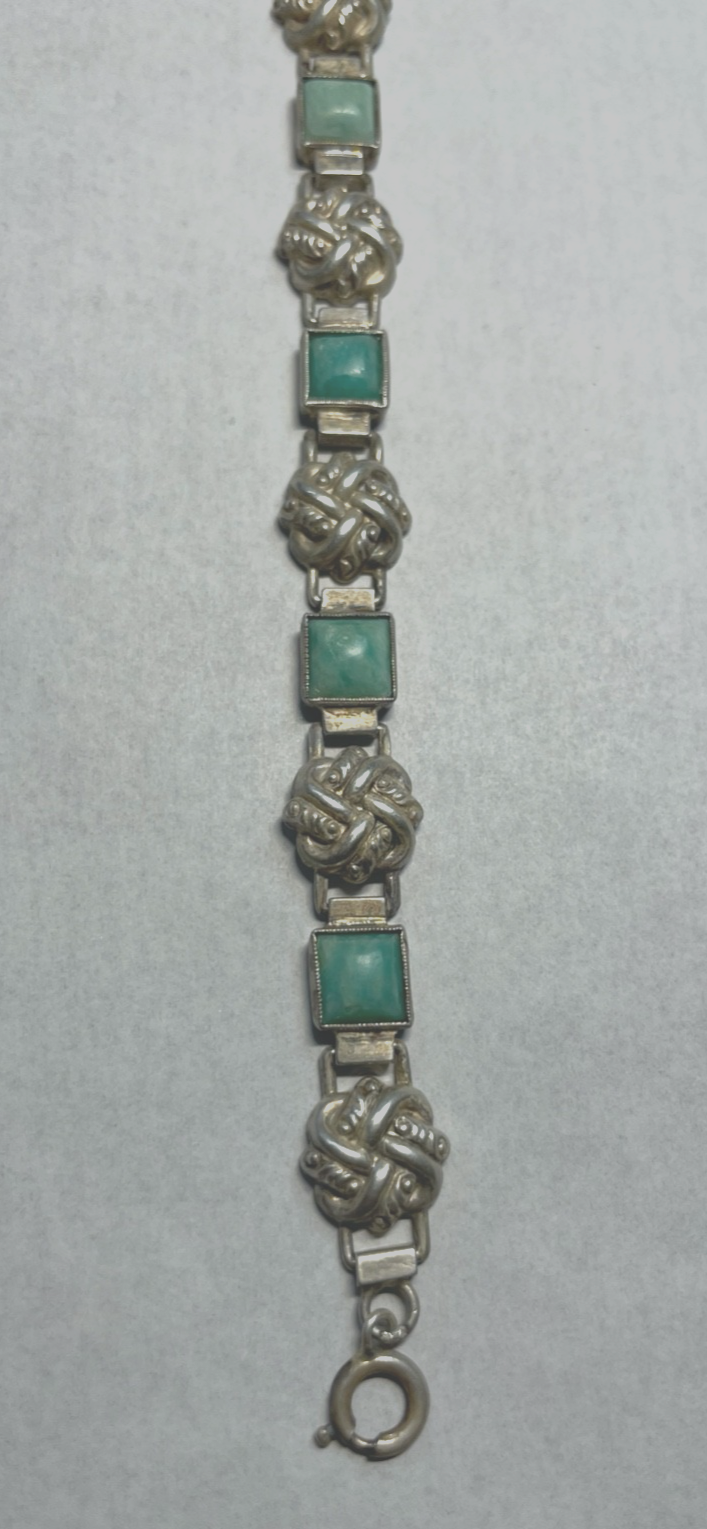 Antik  Art Déco Armband 835 Silber Handarbeit grüner Türkis Cabochon Kissen3