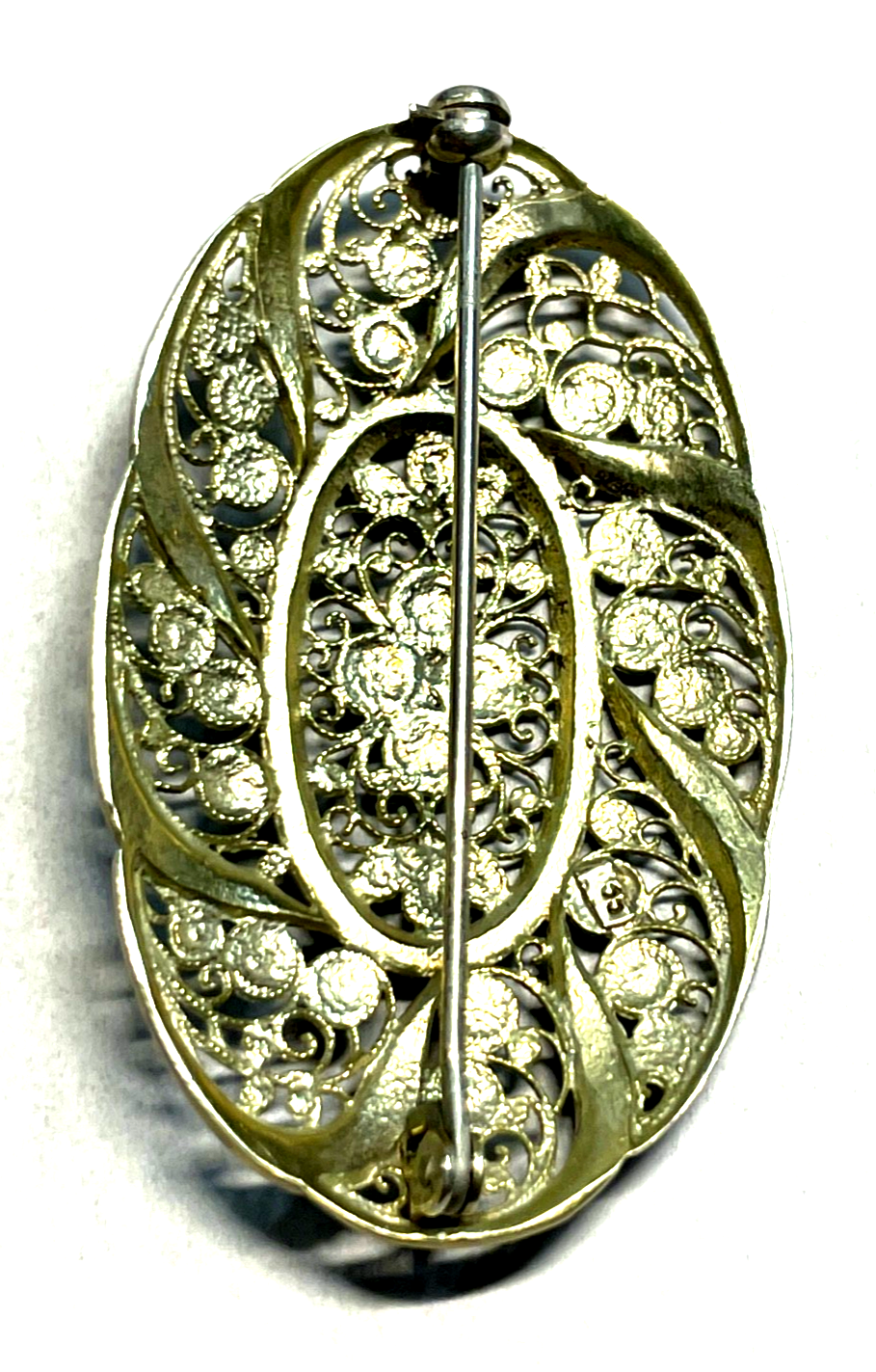 Antik 835 Silber Brosche Jugendstil filigrane Handarbeit Markasit Besatz vergold9