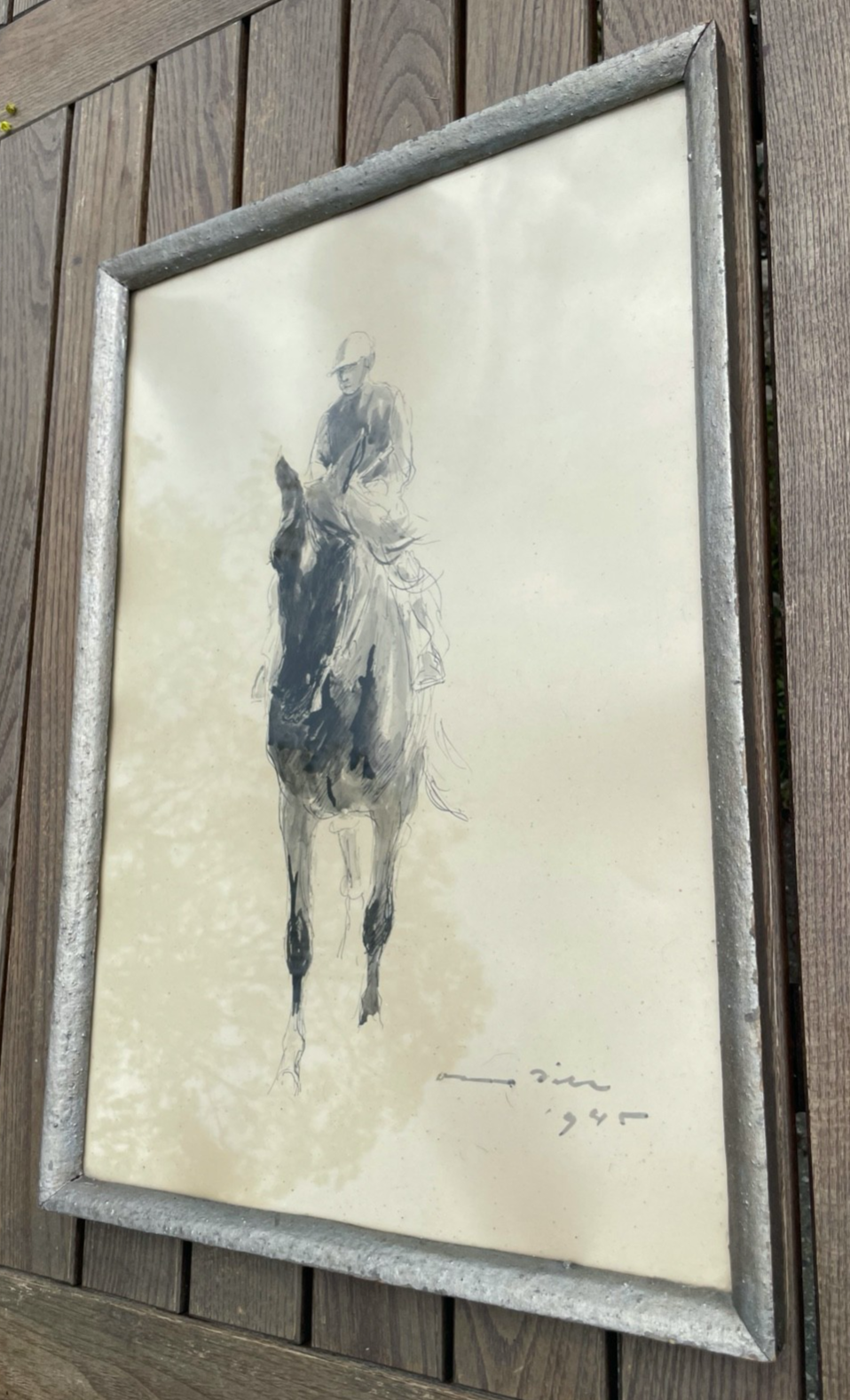 Otto Dill lavierte Tusche Zeichnung Pferd mit Jockey 1945 gerahmt  49 x 34,5 cm5