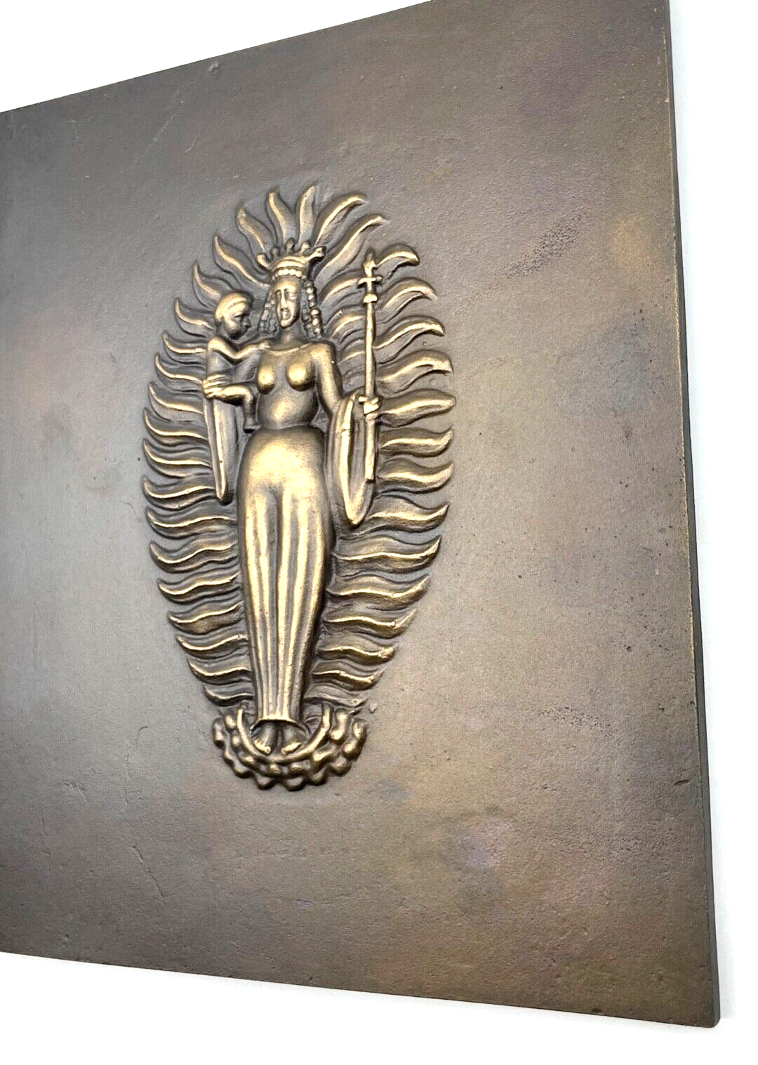 Attraktive Künstler Bronze Relief Tafel Maria Jesuskind Bronzetafel 26,5 x 22 cm5