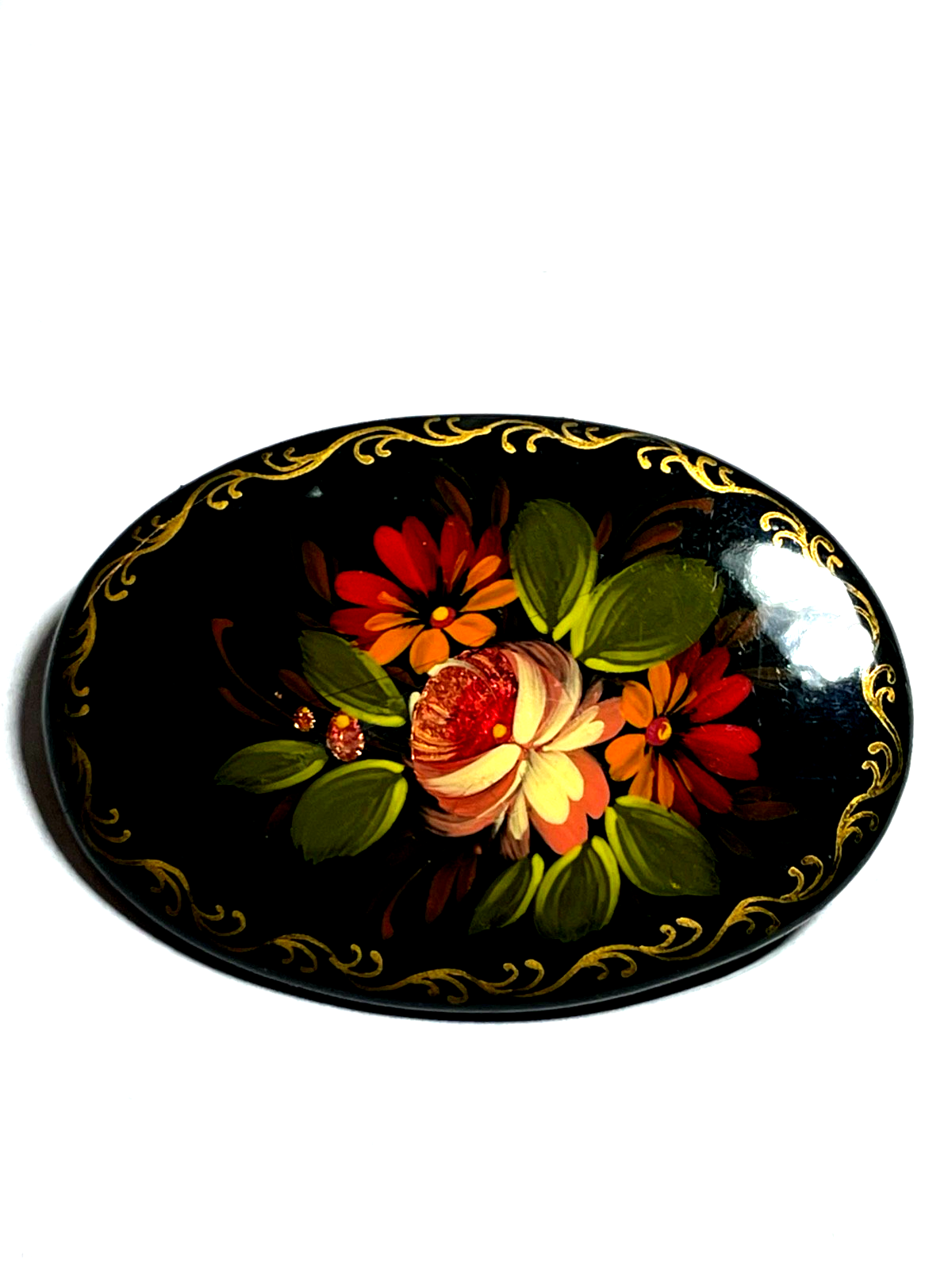 Vintage handgemalt oval Lack Brosche Lackmalerei Blumenbukett sign. Handarbeit3