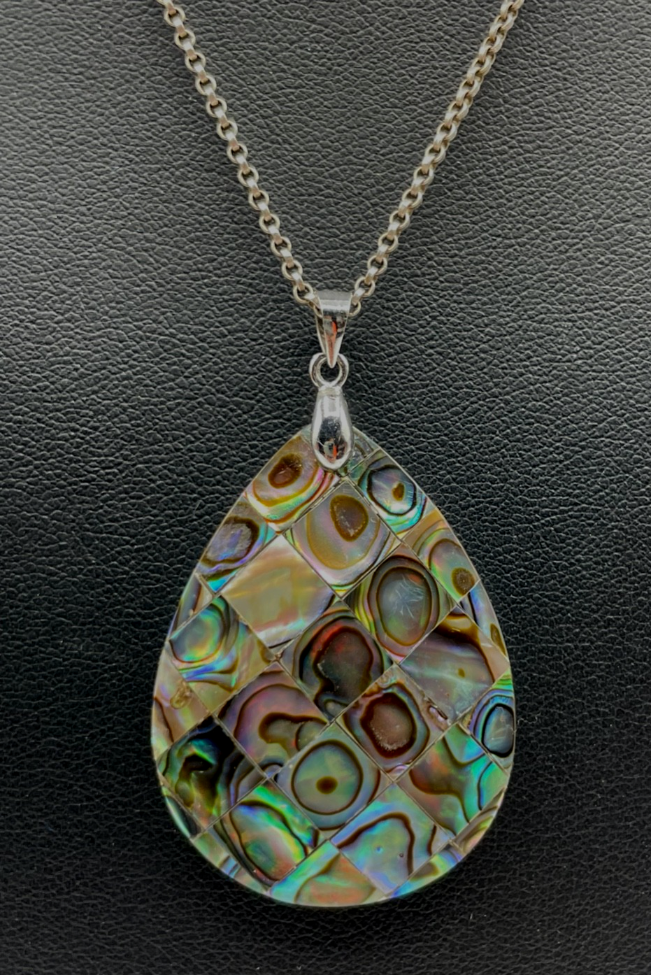 Großer Abalone Muschel Anhänger facettierter Tropfen an Silberkette Erbskette1