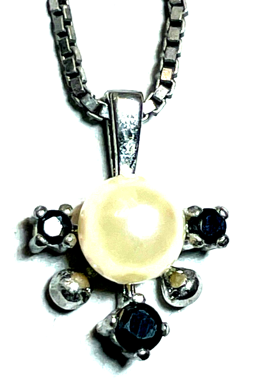 925 Silber Venezianer Kette 42 cm mit elegantem Anhänger 1 Akoya Perle 3x Saphir3