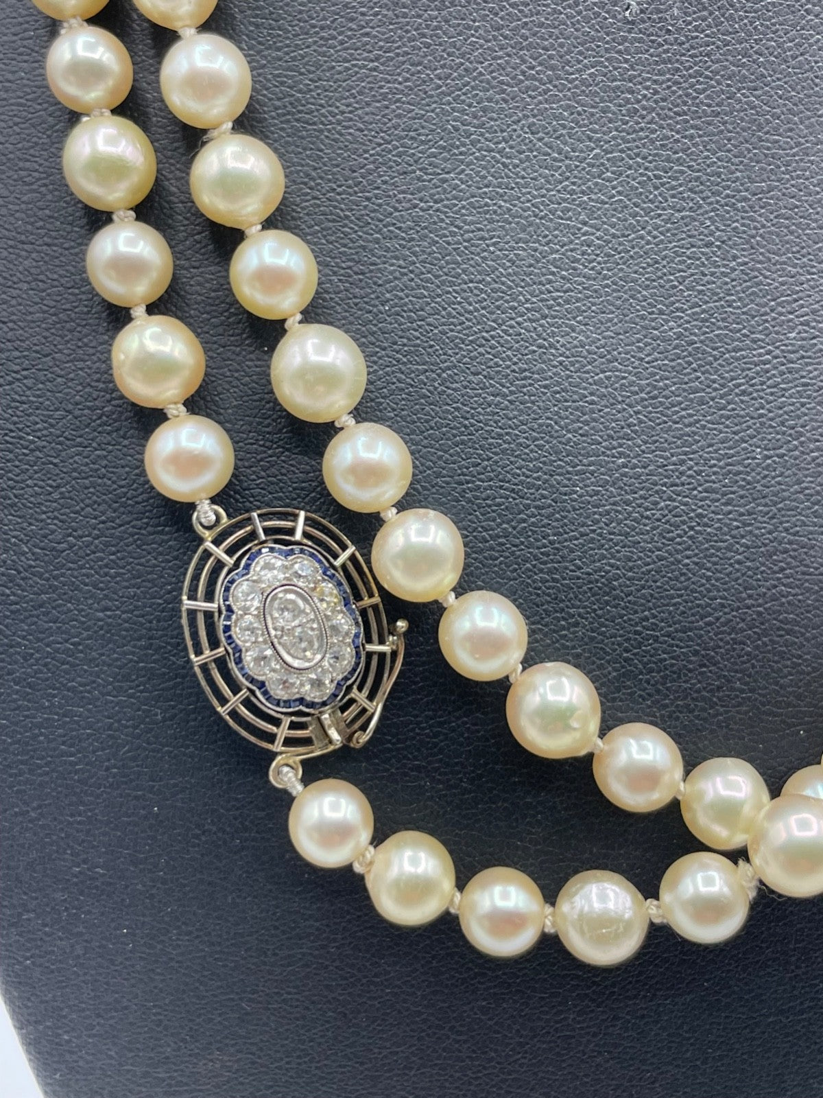 585 Gold Brillanten + Saphire Art Déco Flapper Kette 92 cm Perlenkette Ø 7 mm1