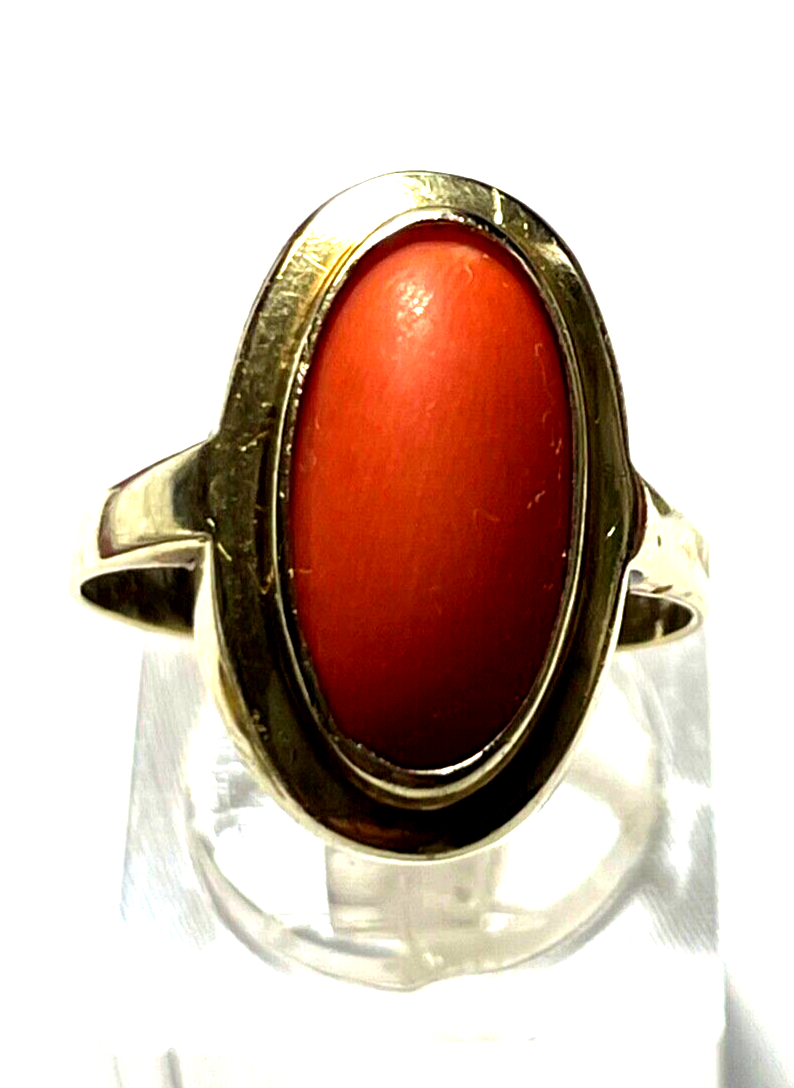 585 Gold 14 K antik Ring oval Koralle Cabochon RG 58 Ø 18,4 mm gebraucht + okay0