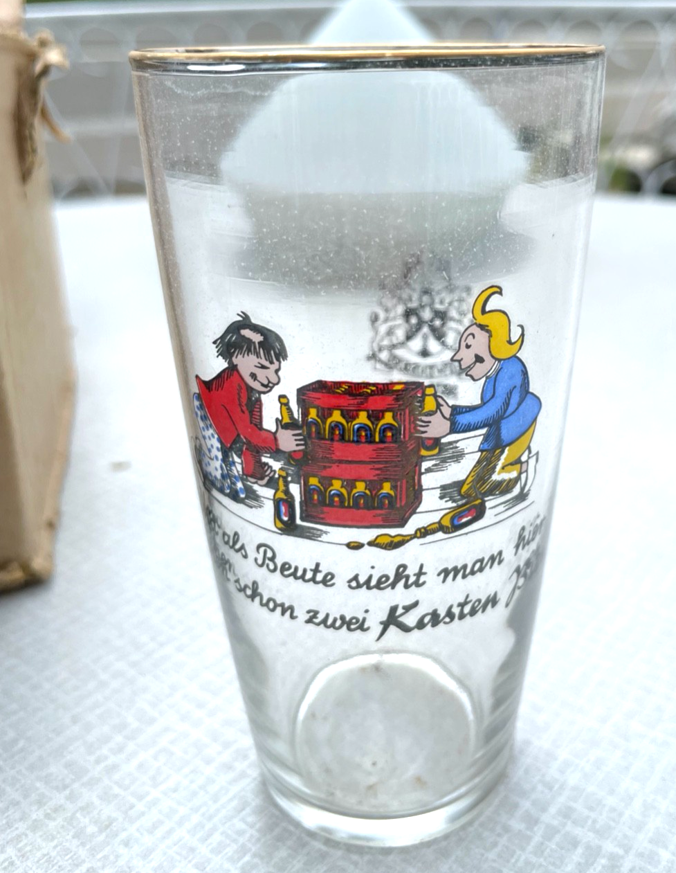 12 alte Wirtshaus Gläser Max + Moritz Dekor Löwenbräu Neu-Ulm unbenutzt 50er J2