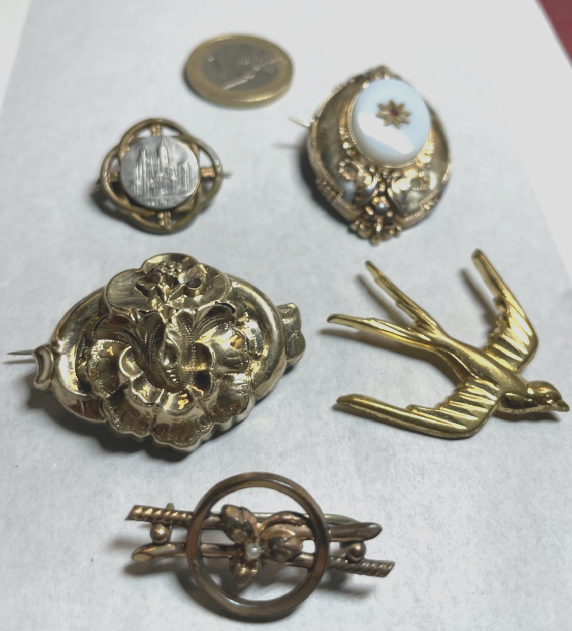 Konvolut 5 x antik Schmuck Brosche Anhänger Golddouble3