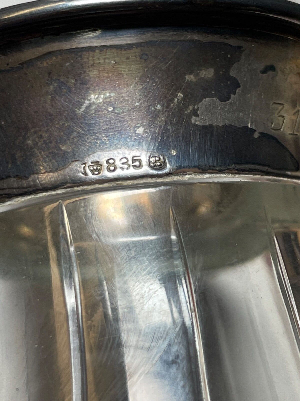 Schwere Bleikristall Kristallglas Vase mit 835 Silber Rand und Punze 1960 H19cm8