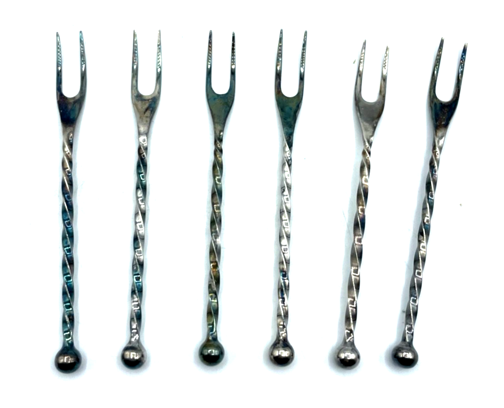 Vintage 6 Set WMF Cocktailgabel Bowlegabel Spicker  versilbert L 11,4 cm gepfl.0