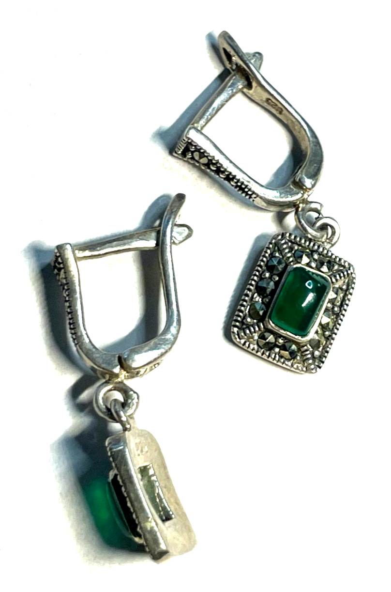 Solide 925 Silber Ohrringe Ohrhänger grüner Farbstein + Markasit im Antikstil6