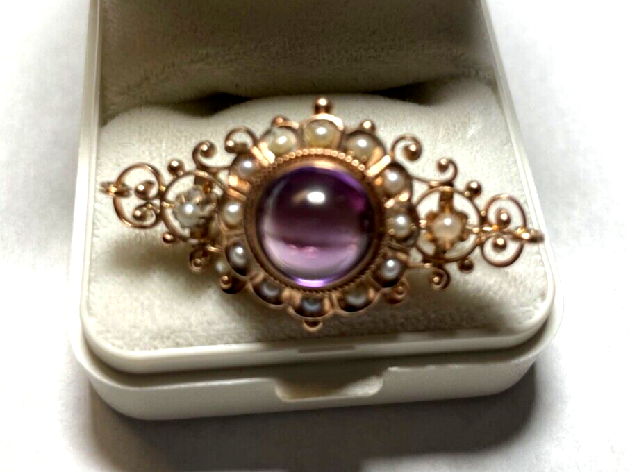 Antik 8 K Gold 333 Brosche Amethyst Cabochon Orientperlen Historismus Saatperlen2