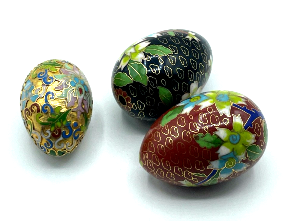 3 vintage Eier Cloisonne Emaille auf Messing floral Kunsthandwerk China gepflegt2