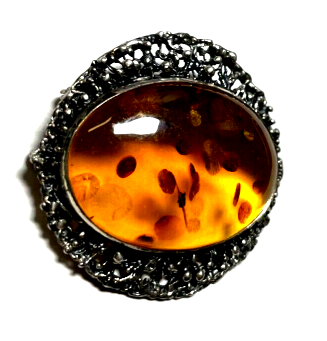 925 Silber Brosche Designer Anstecknadel / Anhänger Bernstein Cabochon Inklusen3
