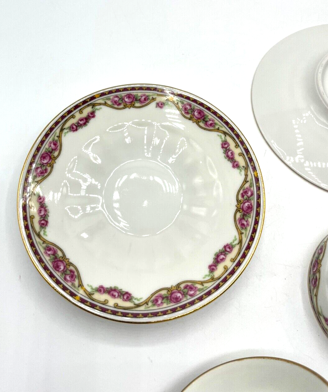 2x antik Porzellan Tasse + Unterteller Lamotte France Motiv Rose Ranke 30erJ rar7