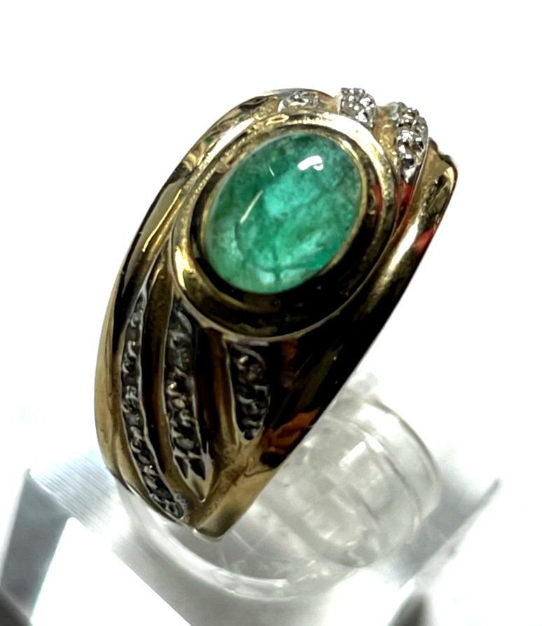 585 Gold 14 K Ring mit Smaragd Cabochon + Brillanten RG 58 Ø 18,5 mm sehr gepfl.6