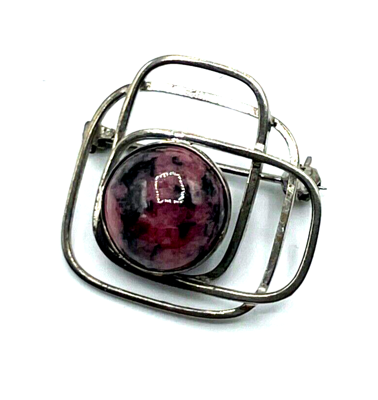70er J Design 925 Silber Anstecknadel Handarbeit Rhodochrosit Cabochon rund3