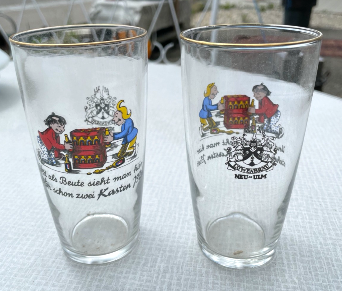 12 alte Wirtshaus Gläser Max + Moritz Dekor Löwenbräu Neu-Ulm unbenutzt 50er J5