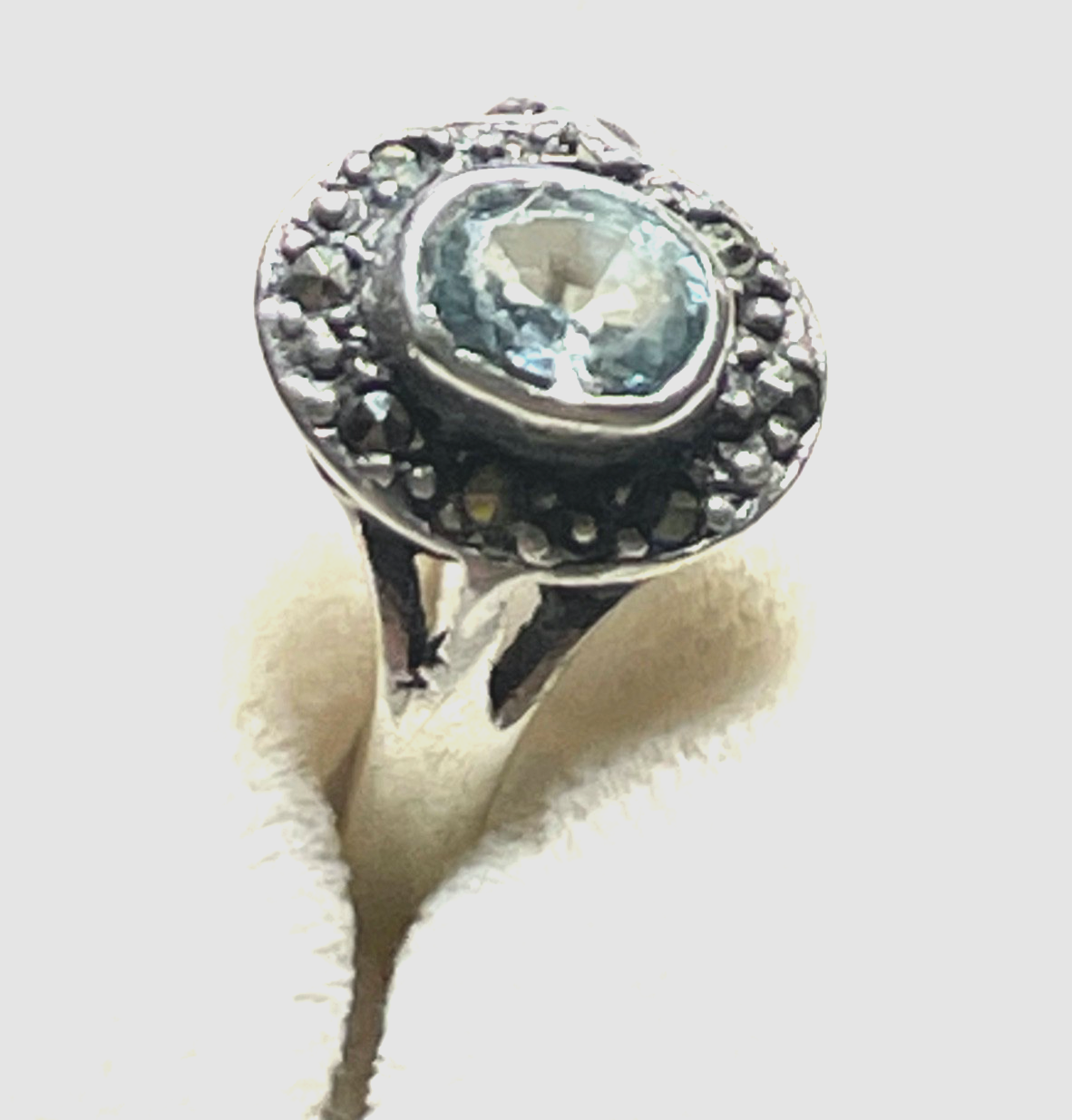 Antik 925 Silber Ring aquamarin farbig wasserblau Spinell 30erJ RG 50 Ø 15,9 mm5