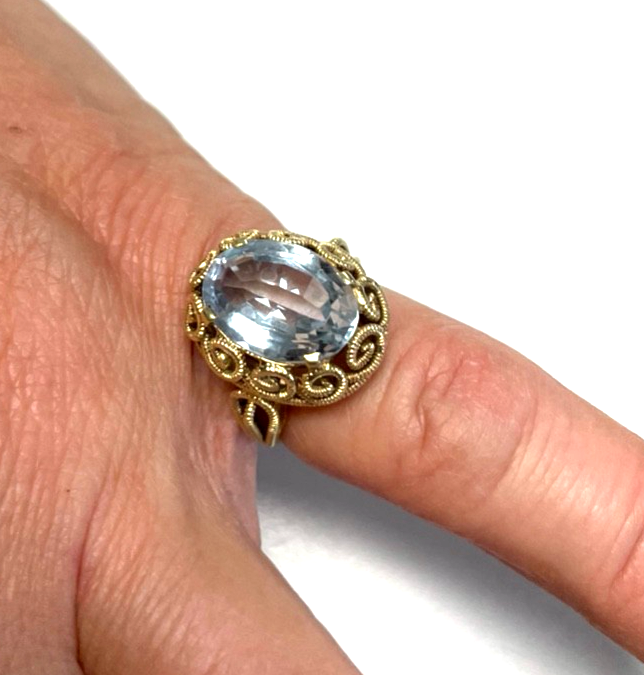 Massiver 585 Gold 14 K Ring Aquamarin oval Ø 16 mm RG 51 Juwelier Etagenring14