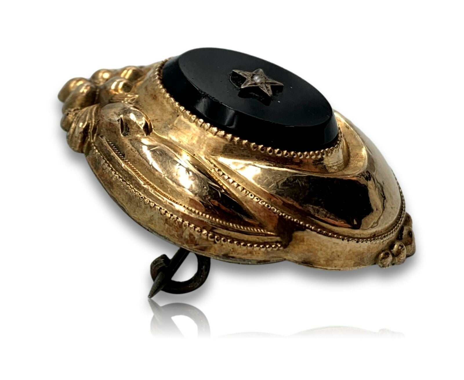 Biedermeier Brosche Anhänger - Schaumgold 6 Karat 250 - schwarzer Onyx Saatperle3