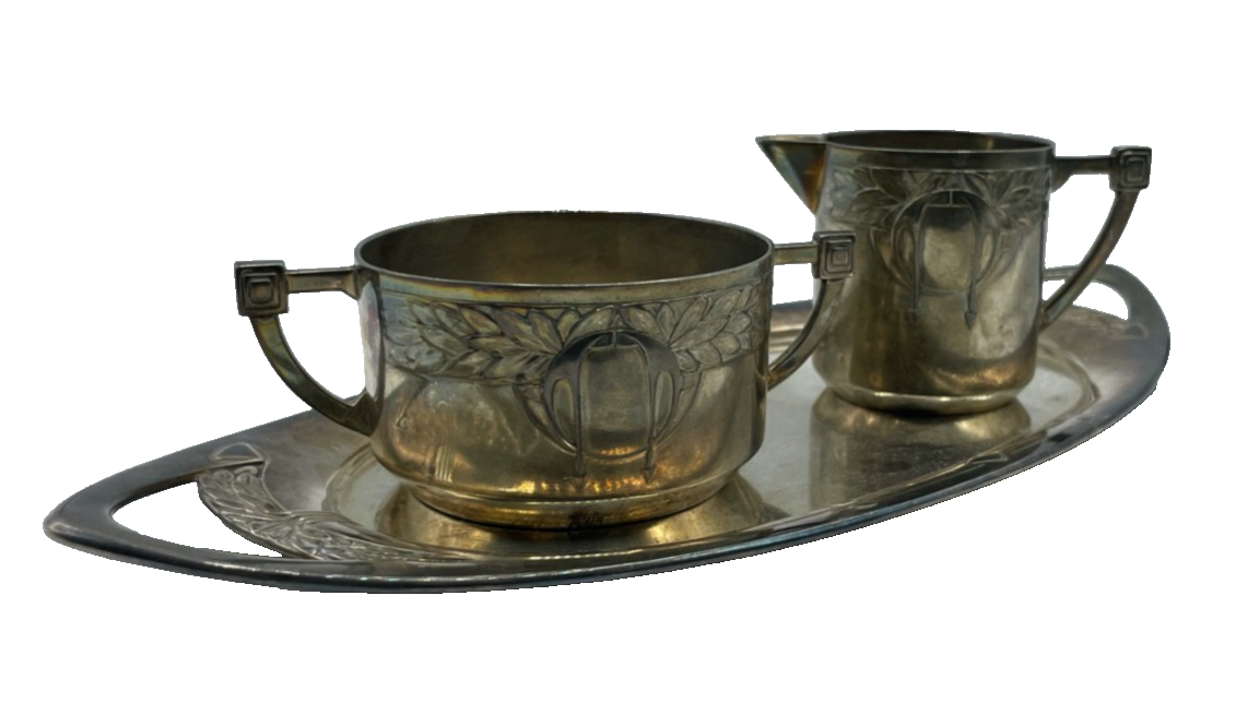 Jugendstil 3er Set Metall versilbert Tablett + Milchschütte + Zuckertopf gepfl.8