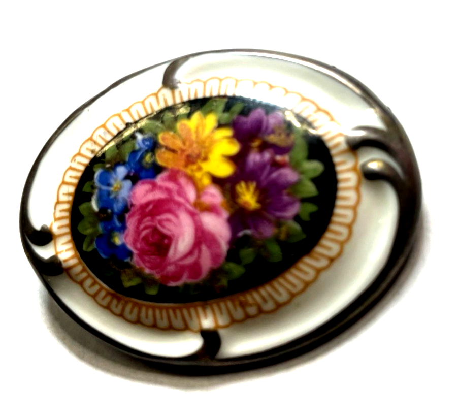 Antik Schumann Porzellan Brosche Blumen Motiv Handmalerei 30er Jahre H 37 mm4
