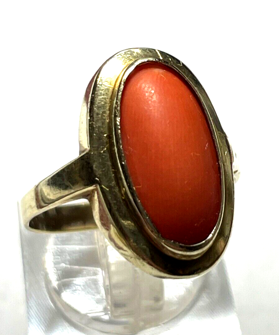 585 Gold 14 K antik Ring oval Koralle Cabochon RG 58 Ø 18,4 mm gebraucht + okay1