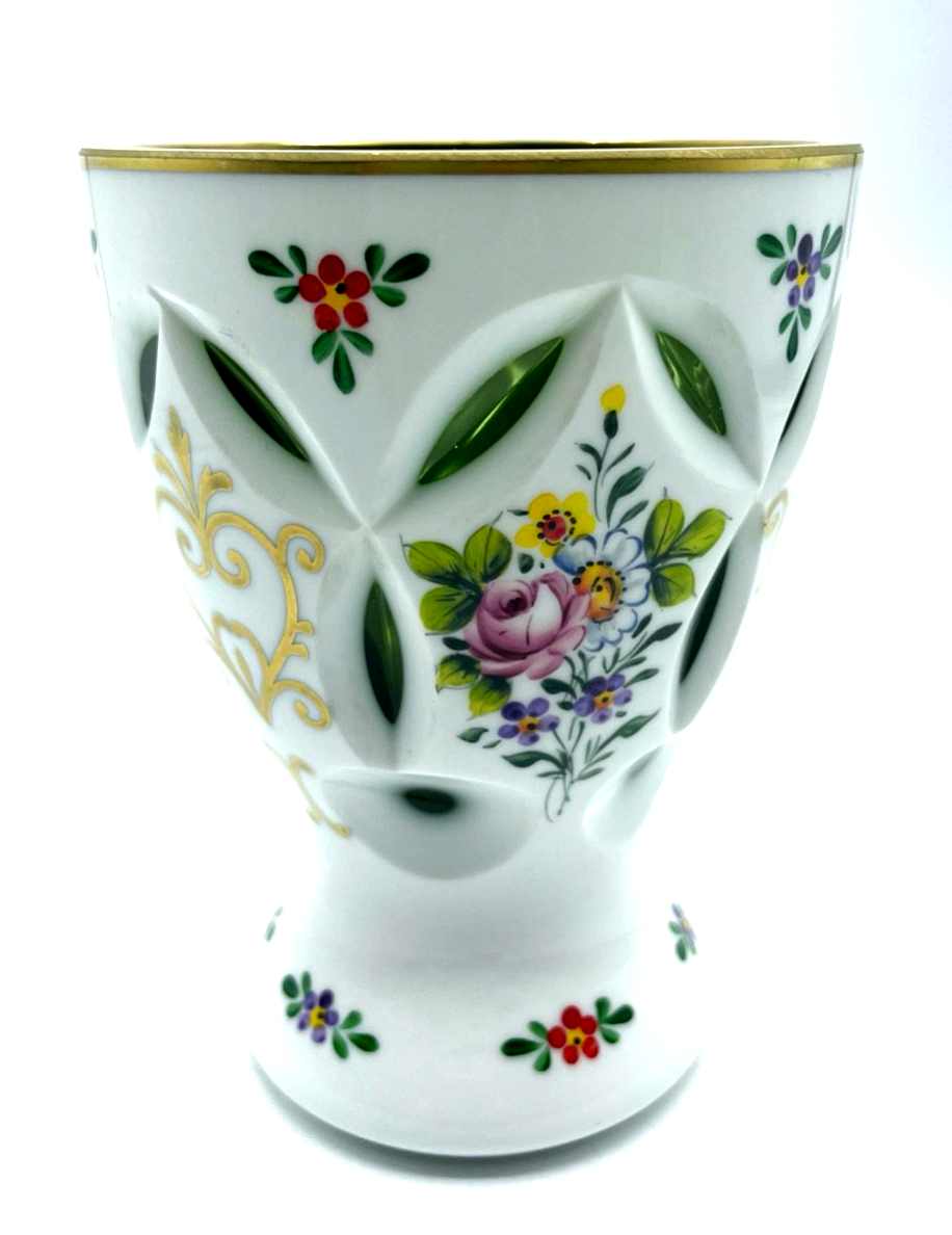 Vintage Pokal Überfang Glas Becher handbemalt Ranftbecher Blumen Gold Dekor2