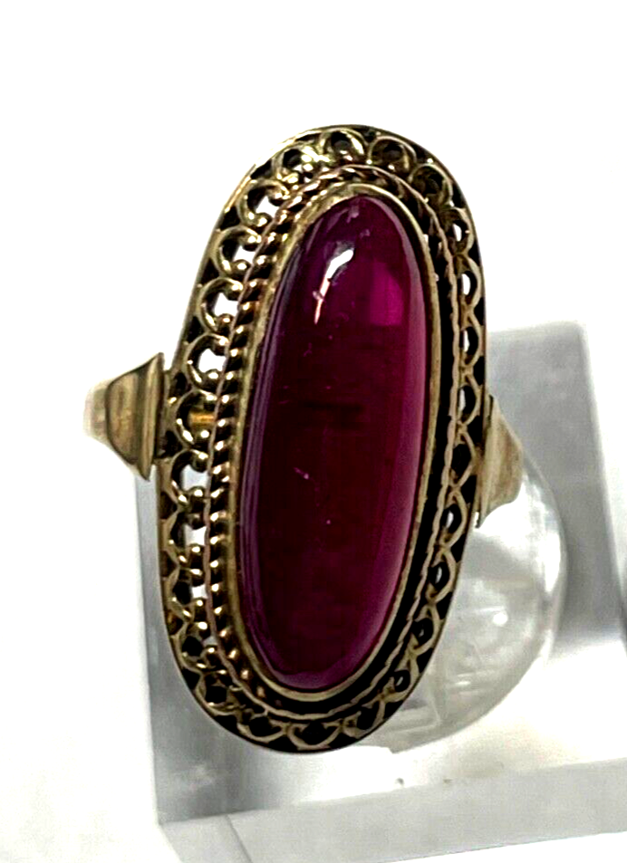 585 Gold 14 K antik Ring mit rotem Korund Farbstein Cabochon RG 47 Juwelier gepf2