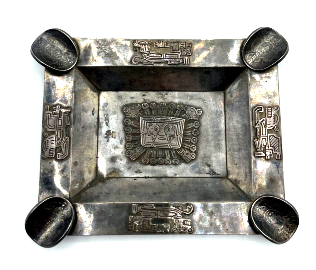 Vintage Silber Ascher Aschenbecher Maya Azteken Inka Motiv  70 Gr. Handarbeit1
